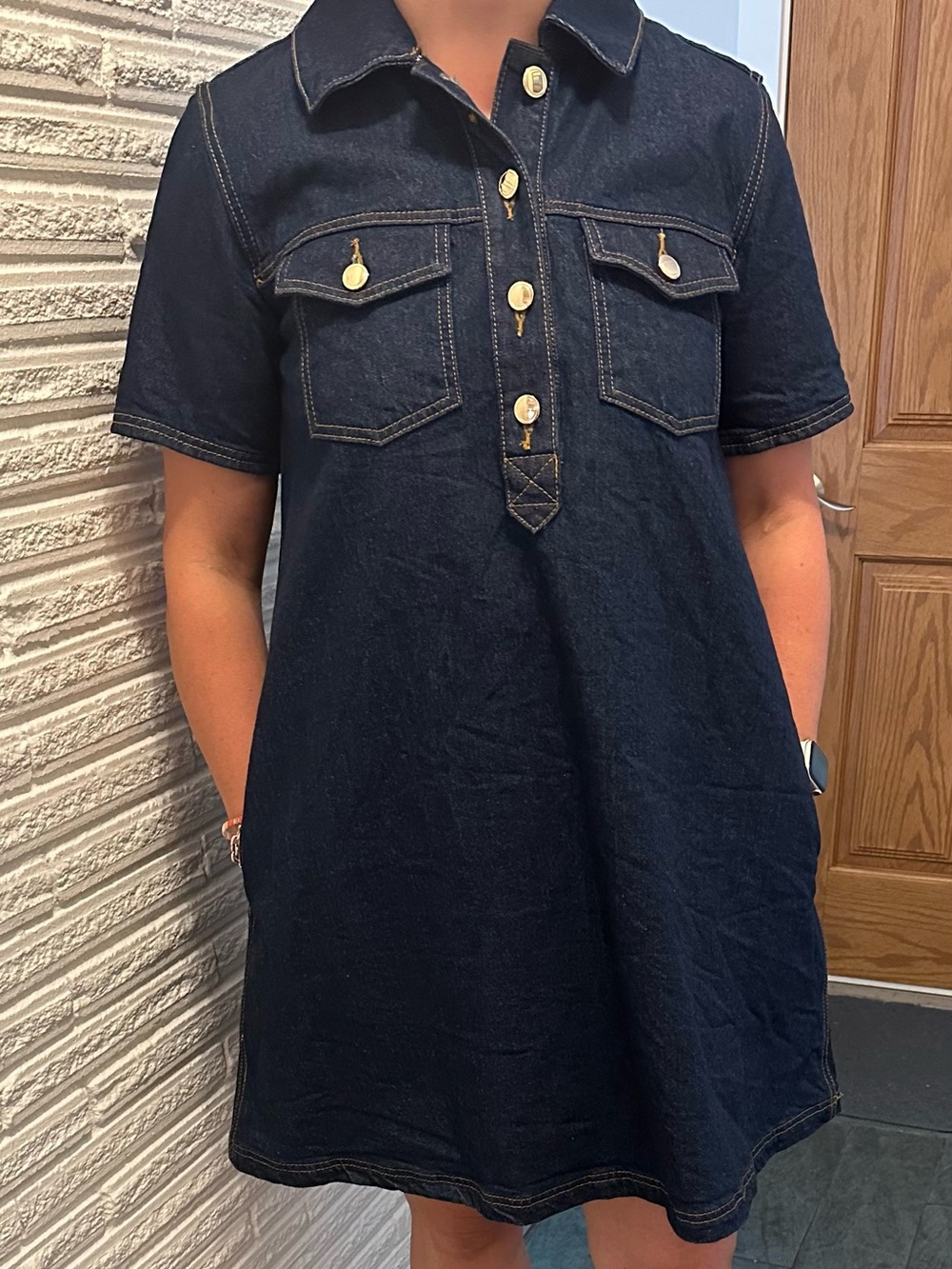 LOFT Dark Navy Denim Polo Shirt Dress with Pockets